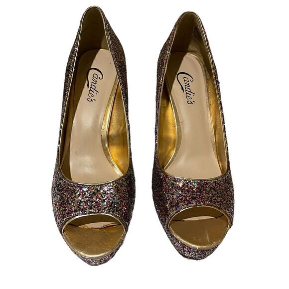 Shoes - Womens 8.5M Candie's Glitter Open-Toe 4.5" Holiday Party Dance Heels Pumps Shoes